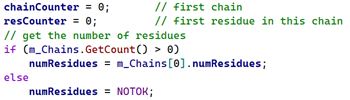 Code showing residue and chain counting.