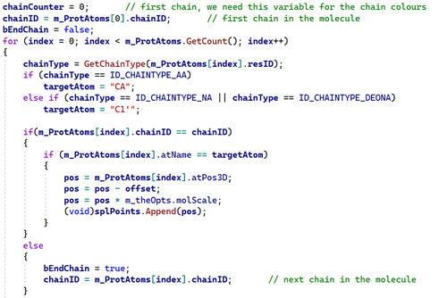 Code to iterate through atoms looking for the CA or C1' atoms.